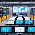 공급망관리에서의 고객 중심 전략 - A modern high-tech warehouse interior featuring real-time data monitoring screens displaying ERP sys...