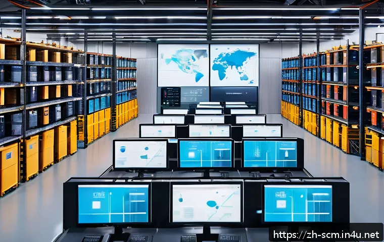 공급망관리에서의 고객 중심 전략 - A modern high-tech warehouse interior featuring real-time data monitoring screens displaying ERP sys...