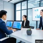 SCM 실무에서의 효율적 협력 방법 - A modern office scene showing a diverse Chinese business team engaged in a lively cross-department m...