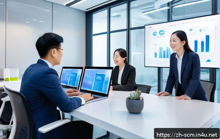 SCM 실무에서의 효율적 협력 방법 - A modern office scene showing a diverse Chinese business team engaged in a lively cross-department m...
