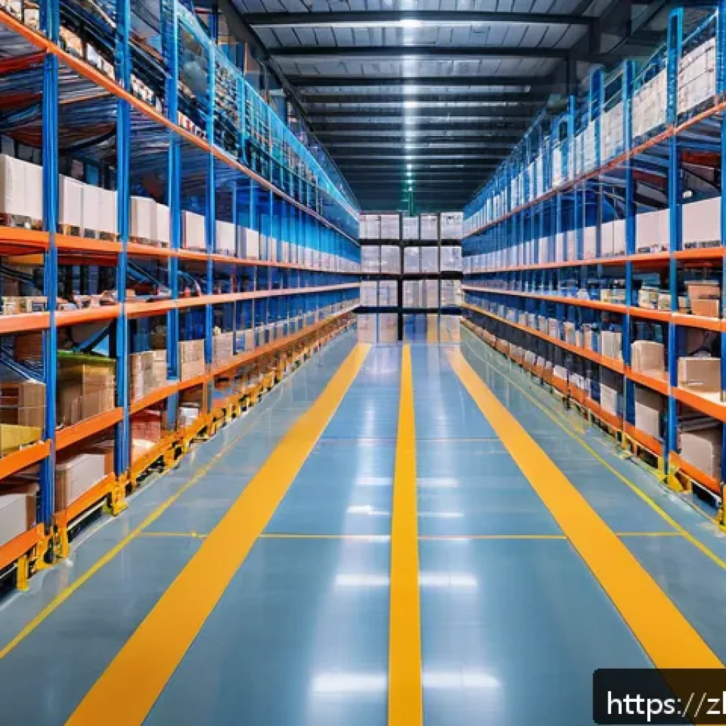 SCM에서의 효율적인 프로세스 개선 - A modern, high-tech warehouse interior with automated smart shelving systems and AGV robots efficien...