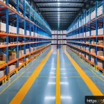 SCM에서의 효율적인 프로세스 개선 - A modern, high-tech warehouse interior with automated smart shelving systems and AGV robots efficien...