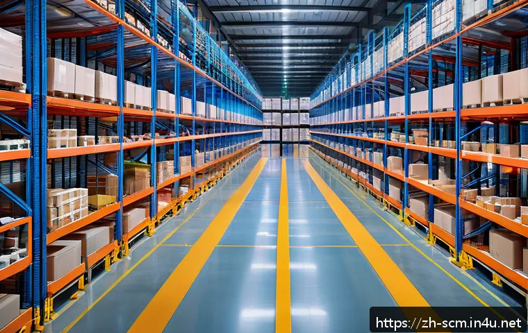 SCM에서의 효율적인 프로세스 개선 - A modern, high-tech warehouse interior with automated smart shelving systems and AGV robots efficien...