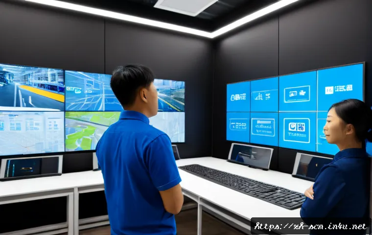 SCM와 디지털 트윈 기술 활용 - Photorealistic modern supply chain control room, diverse logistics managers observing a large wall d...