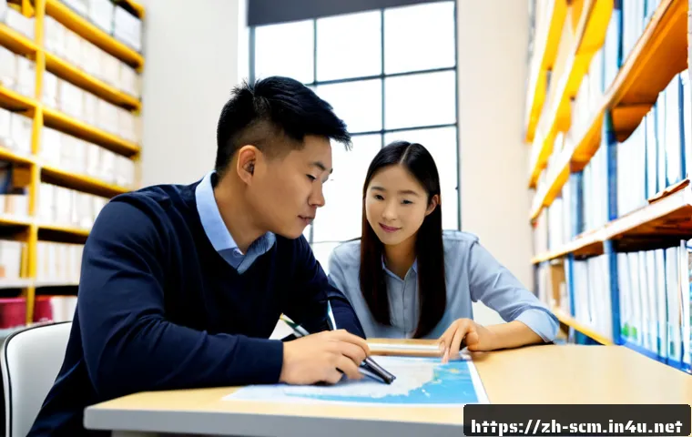 SCM 관련 분야 대학원 진학 가이드 - Photorealistic university advising scene for supply chain management graduate study, a diverse young...