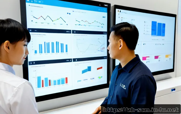 SCM와 스마트 기술 활용 - Photorealistic modern supply chain control room, diverse logistics managers viewing large abstract d...