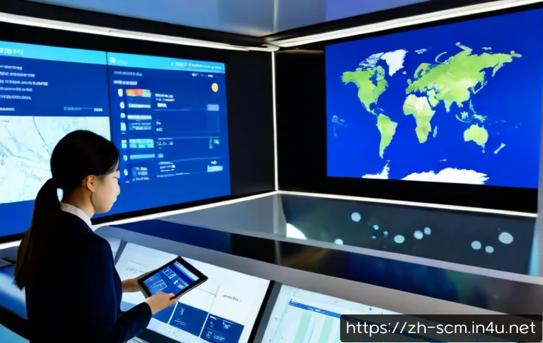 SCM에서의 최신 데이터 기술 활용 - Photorealistic modern supply chain control room, diverse operations team viewing large wall dashboar...